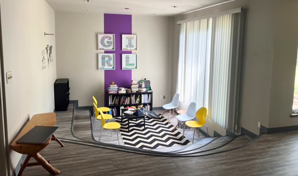 small space with sitting steps in STEAM center at burnham woods girl scout property