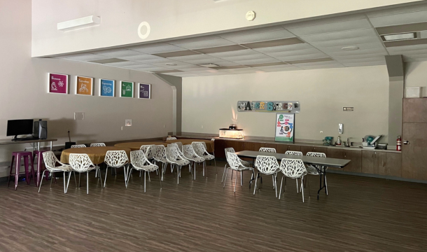 STEAM center meeting space with tables and chairs at burnham woods girl scout property