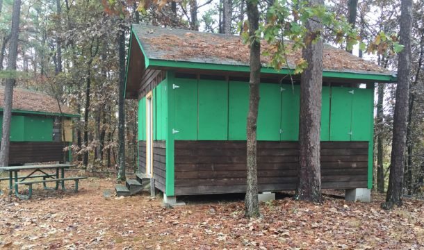 side view of a small cabin at Radford House girl scout property