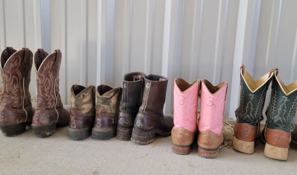 row of different sizes and colors of used cowboy boots