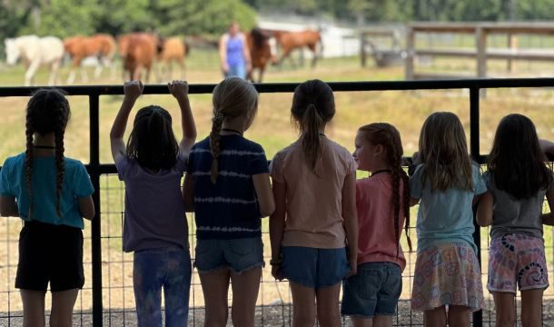 group of girls from behind overlooking a horse pasture